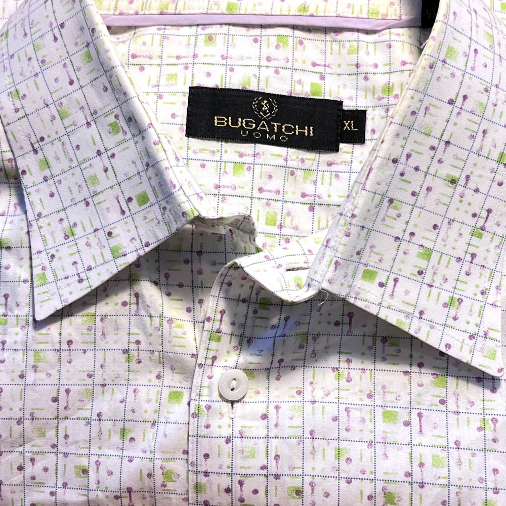 Bugatchi Uomo Button Down Shirt XL Mens Abstract Geometric White Green Modernist